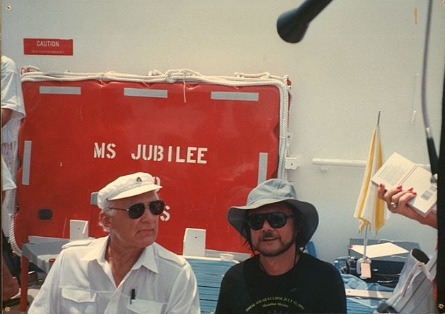 John talking to Buzz Aldrin on ship